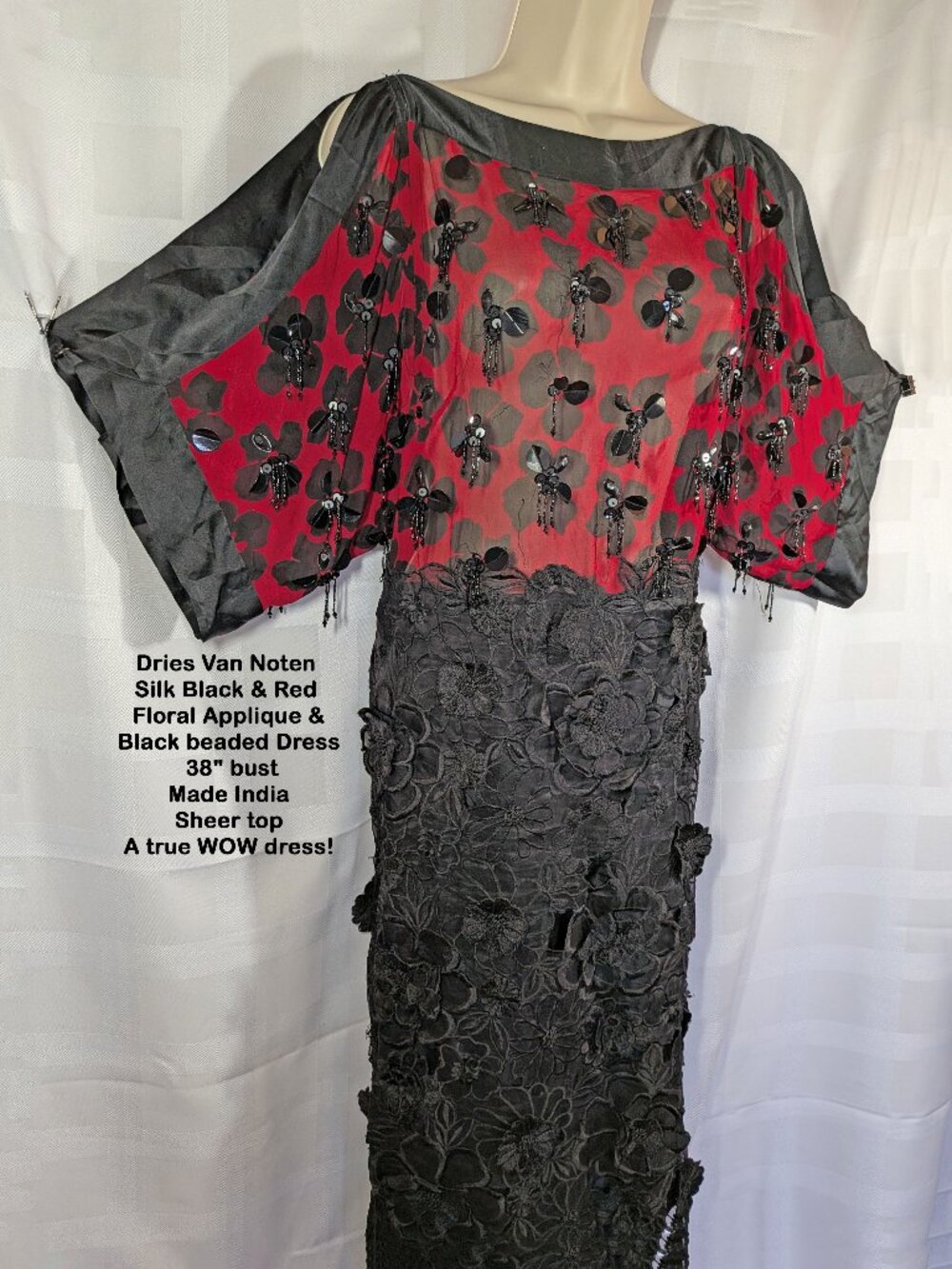 Dries Van Noten Silk Black & Red Floral Applique Dress, 38" bust, Made in India - Picture 13 of 17